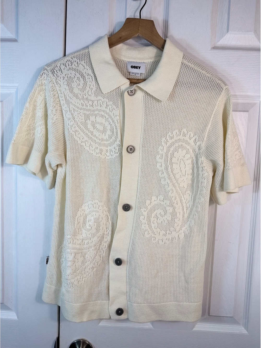 Obey Short Sleeve Cotton Button-Up Polo Shirt in Cream with Paisley Pattern